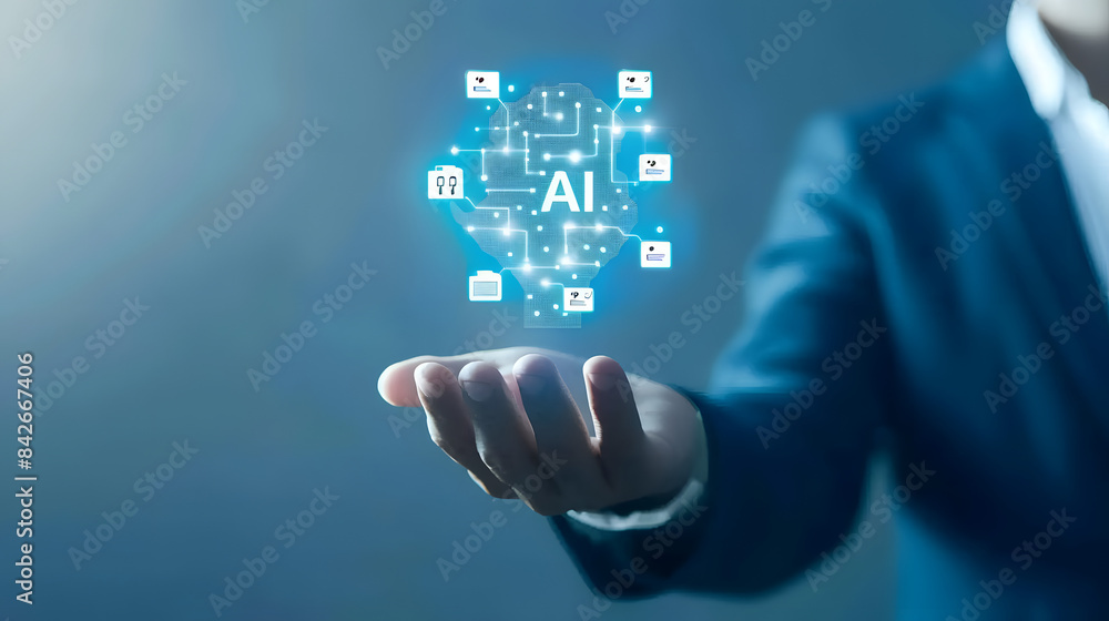 Poster artificial intelligence concept with a businessman holding a virtual icon of artificial intelligence