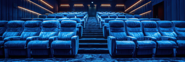 Fototapeta premium Empty movie theater with rows of comfortable blue seats, illuminated by ambient lighting. The cinema hall features a modern design, providing a spacious and inviting environment for moviegoers..