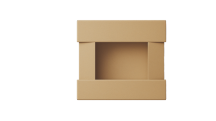 An empty closed cardboard box, brown in color, set against a Empty background, specifically created for mockup purposes with a transparent PNG background.