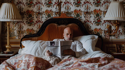bald man in bed. reading newspaper. opulent room with wallpaper and patterned furniture 