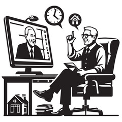 Happy senior businessman having a virtual meeting at home silhouette,