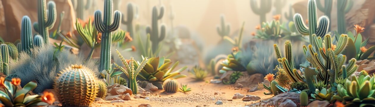 Desertthemed platform with various cacti, warm natural light