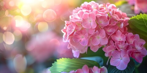 Fototapeta premium Beautiful Pink Hydrangea with Blurred Background Perfect for Text Placement and Design. Concept Flower Photography, Nature Background, Pink Hydrangea, Text Placement, Design Inspiration
