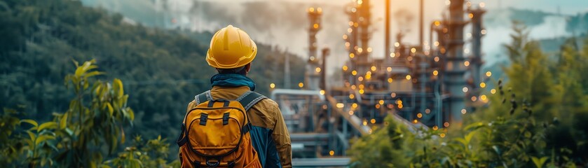 Person in safety gear observing a factory amidst lush greenery, balancing industry and nature