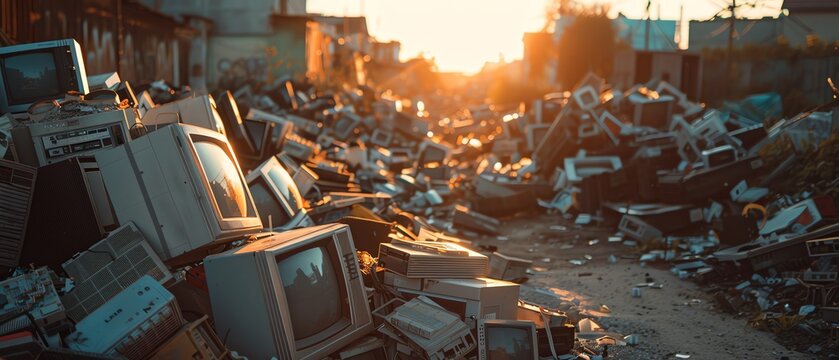 Pile of discarded electronics, broken screens, ewaste landfill, bright daylight