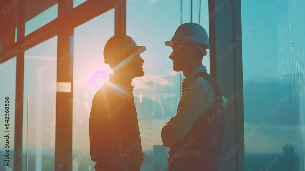 Poster two workers in hard hats engaged in a friendly conversation while stepping away from the meeting for