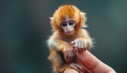 Obraz premium Tiny monkey perched on a finger, adorable and curious