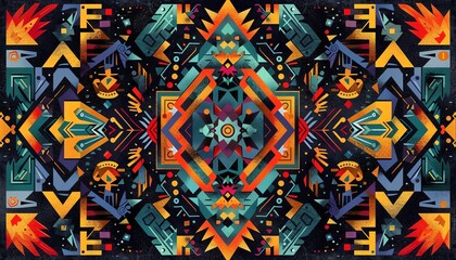Vibrant geometric tribal pattern, topdown view, sharp lines, intricate details