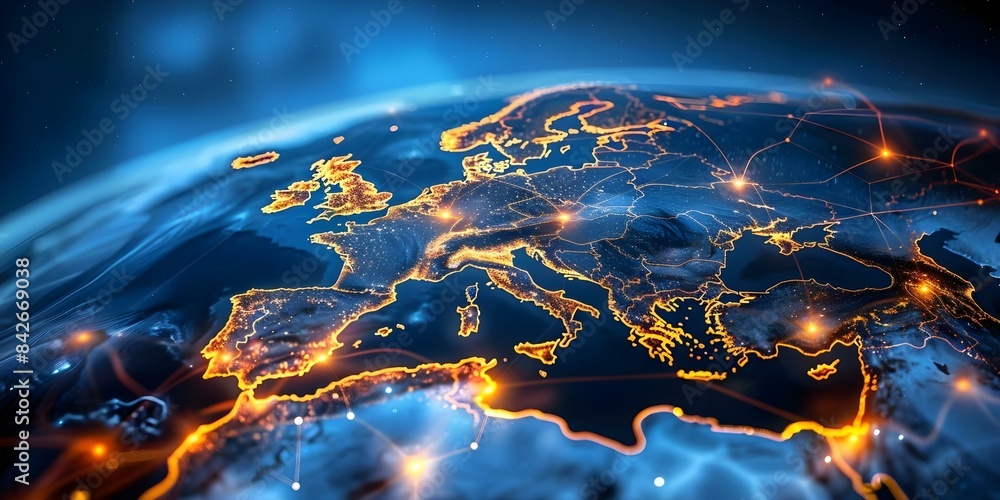 Poster enhancing connectivity across europe illuminate nodes and stars of high-tech digital network. concep