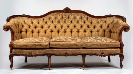 Vintage furniture federal style sofa with brown wooden frame beige floral upholstery, decoration classic antique