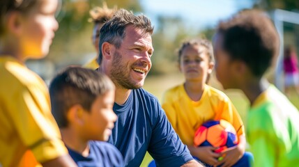 Father coaching childs soccer team, coach healthy outdoors