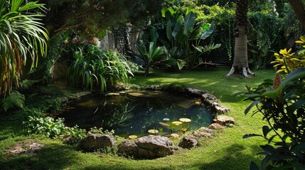 A garden pond enclosed by greenery