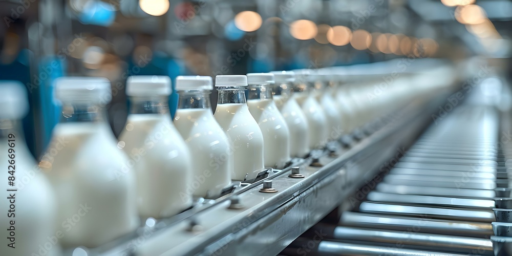 Poster optimized milk bottling line in factory for streamlined production process. concept efficiency, milk