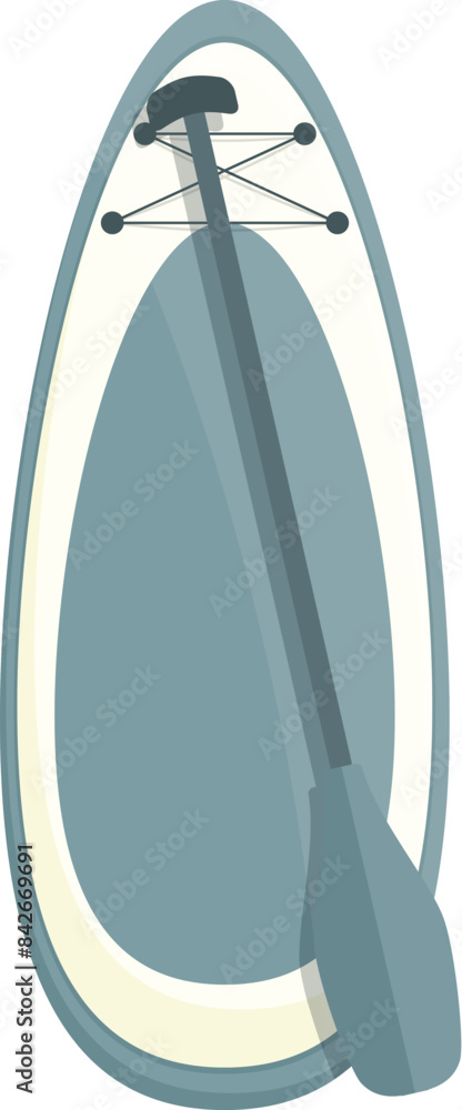 Poster blue and yellow stand up paddle board with a paddle is lying on top of it on a white background
