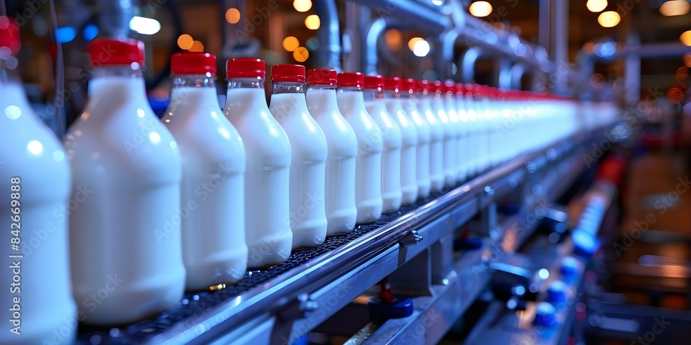 Aufkleber efficient milk bottling line in factory for streamlined production process. concept milk bottling eq