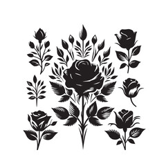 Collection set of  lavender violet stalk of rose roses flower silhouette ,