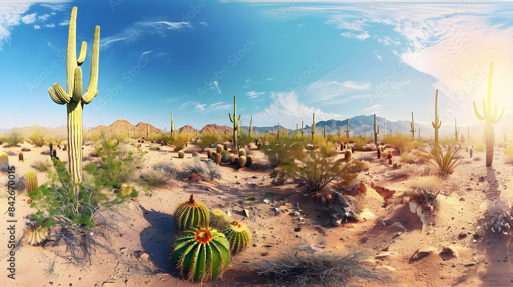 Poster breathtaking desert with cacti and azure sky. panoramic view banner. copy space concept.