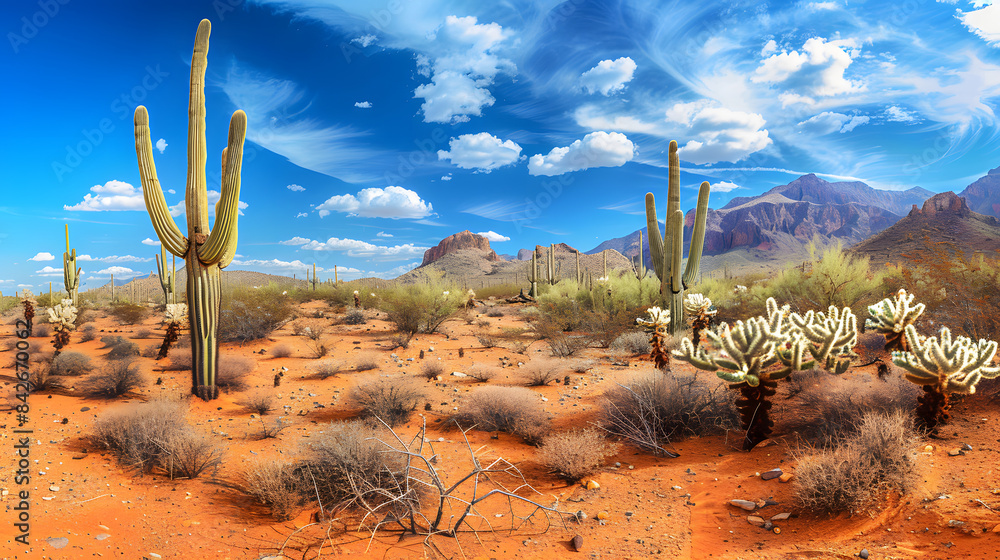 Poster breathtaking desert with cacti and azure sky. panoramic view banner. copy space concept.