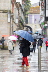 Two individuals are seen from behind walking down a wet cobblestone street, holding umbrellas to shield themselves from the rain