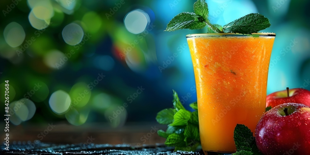 Poster refreshing glass of apple juice with mint leaves on blurred background perfect for adding text. conc