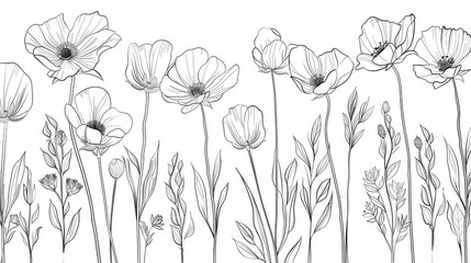 Fototapeta premium A simple line drawing of three different types of flowers in a clip art style, as a vector illustration in the style of a hand drawn generated with AI