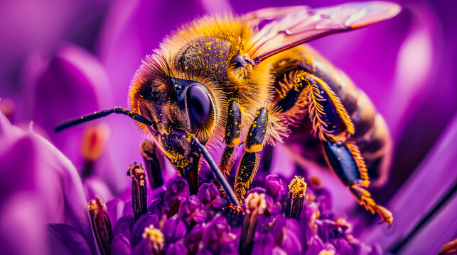 Fotograf&iacute;a Macro de una abeja en una flor morada.