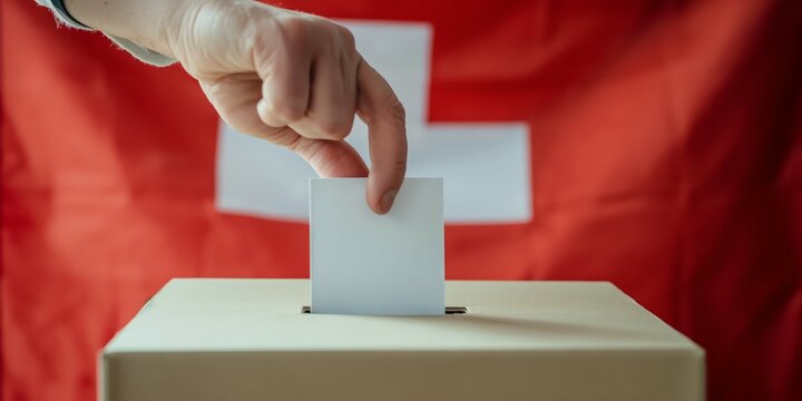 Switzerland vote- Arm holding a ballot voting paper centered within the Switzerland flag's in the background, symbolizing active participation in Switzerland elections