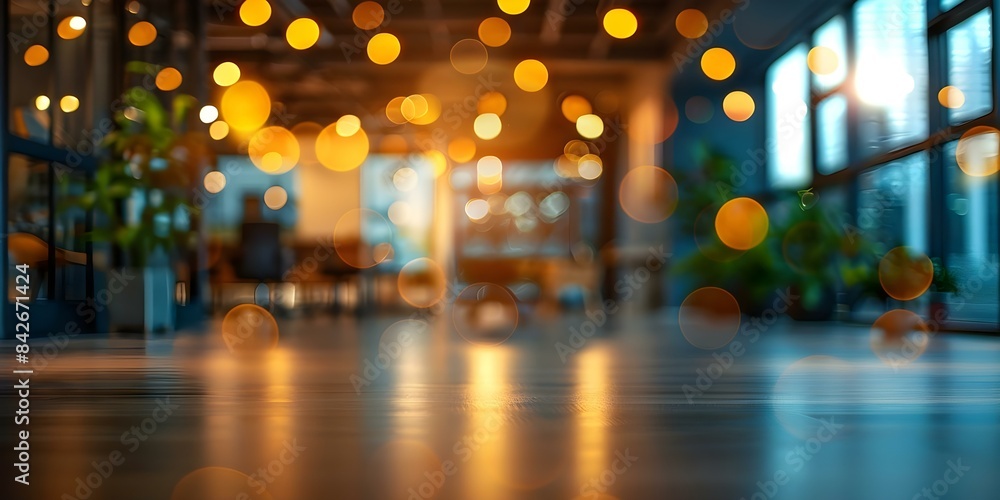 Poster blurred office space with bokeh effect emphasizing light interplay. concept bokeh photography, offic