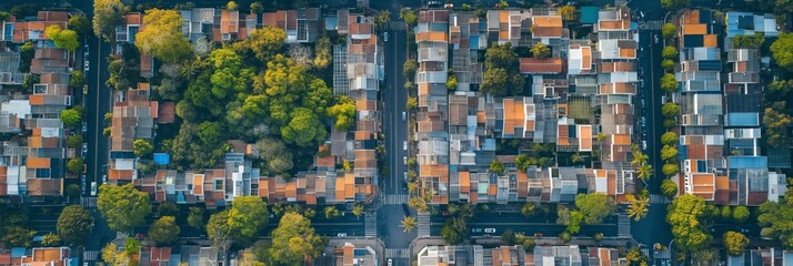 Fototapeta premium A drone-captured aerial view of a quaint neighborhood, showcasing houses with colorful roofs, abundant green trees, and neatly arranged streets, highlighting community life.