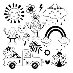 Retro summer clipart. Groovy summer vibes clipart. Hello summer clip art in cartoon flat style. Black and white summer. Hand drawn vector illustration. © JulzaArt