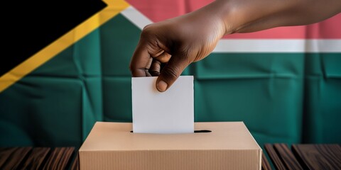 Hand inserting a ballot into voting box with South African flag background, symbolizing active participation in South African elections