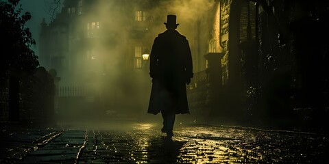 A Victorian detective strolls through Londons dark streets on a leisurely evening. Concept Victorian Era, Detective, London Streets, Evening Stroll, Historical Fiction