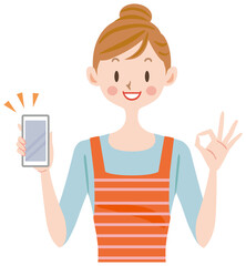 スマートフォンを持つ主婦　説明　指差し