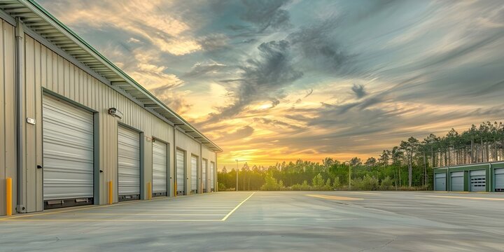 Scenic cloudy sky over an industrial warehouse parking lot. Concept Cloudy Sky, Industrial Setting, Scenic View, Warehouse Parking Lot, Dramatic Atmosphere