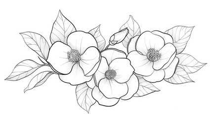 Fototapeta premium line art design of three camellias, one in full bloom and two with leaves on the sides, in a line art style. The flowers have soft petals and delicate stamens. generated with AI