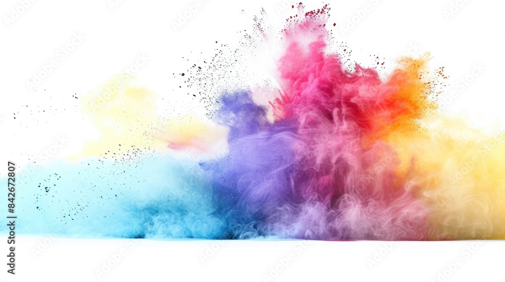 Poster Color powder frozen in motion on a white surface