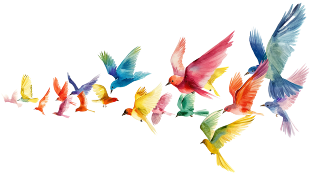 Numerous colorful birds gracefully taking flight, forming a mesmerizing spectacle against a transparent background