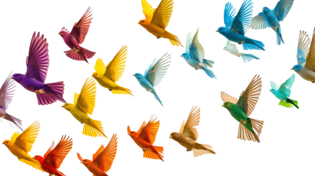 A vibrant flock of birds soaring through the sky, displaying a stunning array of colors. Transparent background for easy integration.