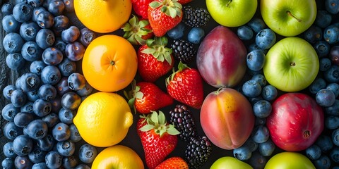 Displaying a variety of colorful and textural fruits on a table. Concept Fruit Display, Colorful Table, Textural Variety