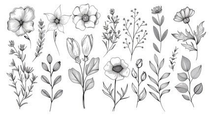 Hand drawn botanical flowers, simple lines, minimalistic design, white background generated with AI