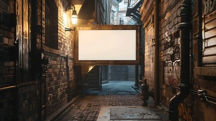 Quaint, small billboard in an underground alley with vintage bricks and gas lamps.
