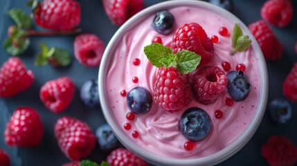 A close-up of raspberry yogurt garnished with fresh raspberries, blueberries, and mint on a dark background