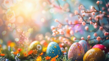 Joyful Easter Celebration with Colorful Easter Eggs Displayed on a Background