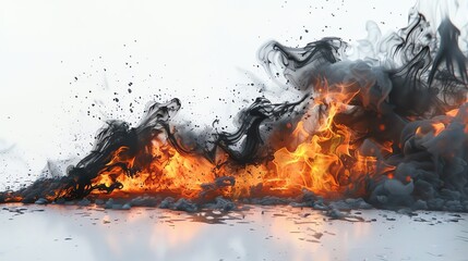 Abstract black smoke with orange fire flames rising on white background.