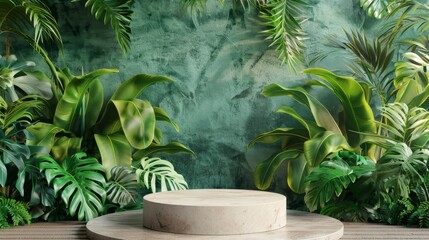 Lush green tropical leaves frame a stylishly simple circular podium, standing against a soft-grained textured wall
