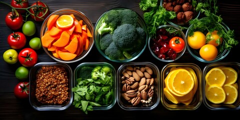 Colorful flat lay of containers filled with keto diet-friendly fruits and vegetables. Concept Keto Diet, Colorful Flat Lay, Fruits & Vegetables, Healthy Eating, Meal Prep