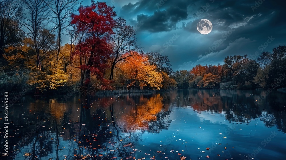 Canvas Prints Stunning moonlit landscape with vibrant autumn trees and reflective lake under a rainy sky