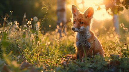 Naklejka premium A baby fox exploring a meadow at sunrise.