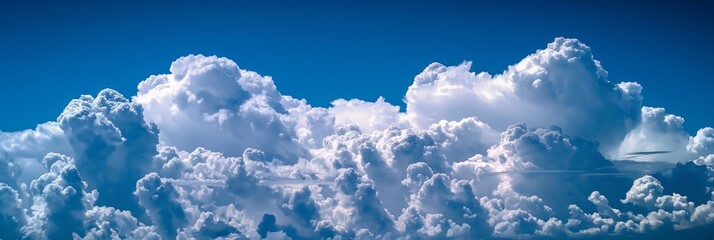 A mesmerizing view of serene, fluffy white clouds floating against a clear, vibrant blue sky, depicting the calmness and vastness of nature's beauty.