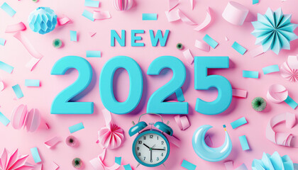 The year 2025 is displayed in blue on a pink background, surrounded by flowers and confetti